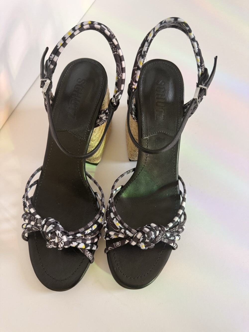 SCHUTZ Dahra Strappy Block Heel Espadrille Sandals Women’s 9.5B Black Floral NIB